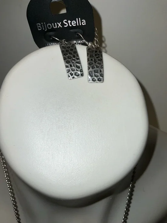 Bijoux Stella Silver Black Hammer Statement Layered Necklace Earring SET NEW - Picture 7 of 16